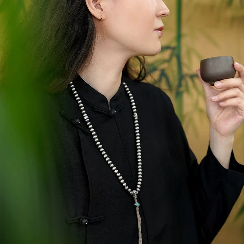 Sterling Silver 108-Bead Mala - Handcrafted 925 Silver Buddhist Prayer Bracelet with Antique Finish