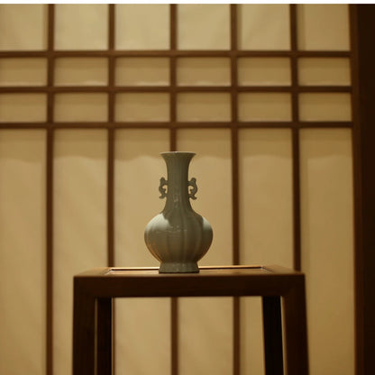 Shadow Blue Twin-Handled Vase"－ Song Dynasty Style Scholar's Object (Celadon Flower Vase for Tea Room & Study)