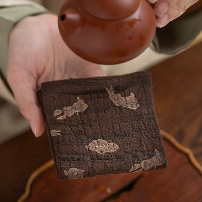 Pure Linen Tea Towel Set - Minimalist Jacquard Tea Table Runner with Absorbent Coasters (Dry Tea Ceremony Cloth & Teapot Care Kit)