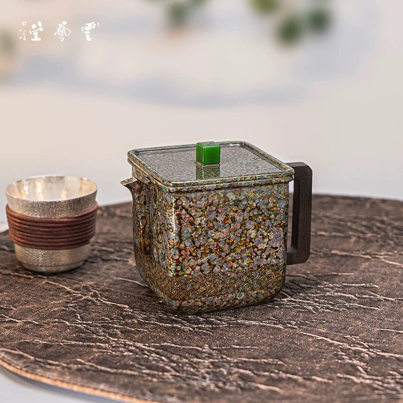 999 Pure Silver Handcrafted Teapot - Suzhou-Style Square Teapot with Auspicious Cloud Motif & Slow-Colored Patina
