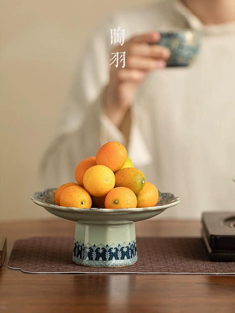 Ru Kiln Blossom Collection－ Celadon-Hued Ceramic Pedestal Plates (Floral-Engraved Altar Dessert Stands)