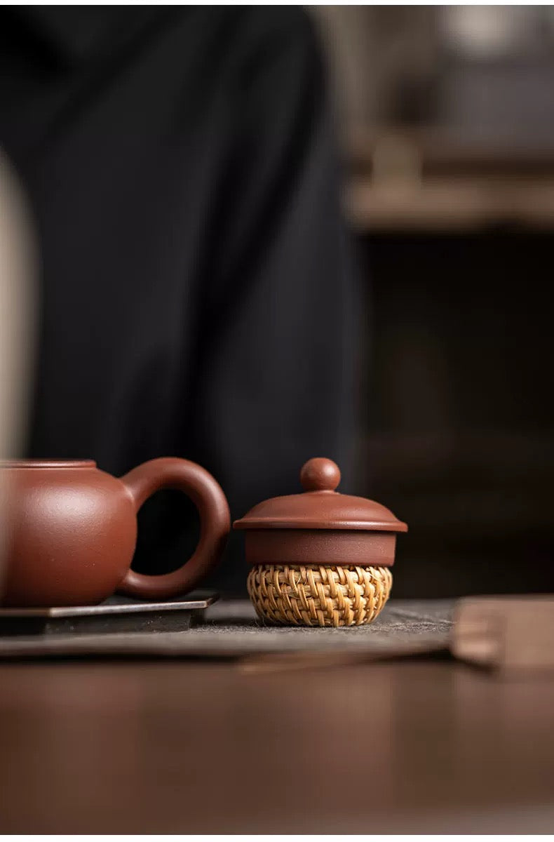 Handmade Tea Lid Stands – Rattan-Wrapped Bamboo Rest for Zisha/Iron Teaware