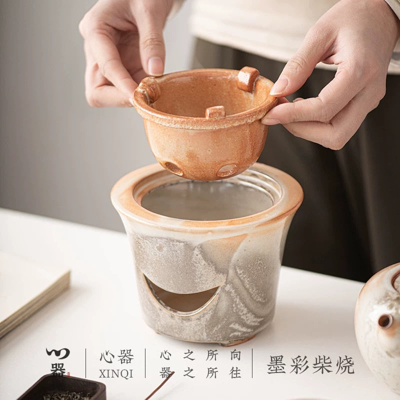 Sumi-Ember Tea Brewing Set" - Wood-Fired Side-Handle Teapot with Kiln-Transformed Wabi-Sabi Glaze & Retro Charcoal Stove (Large Capacity Ceramic Set)