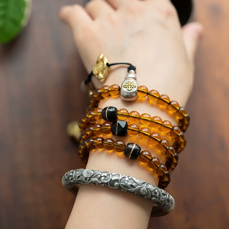 Merit-Increasing Mala - 108-Count Amber-Colored Cloisonné Enamel Beads with Brass Accents