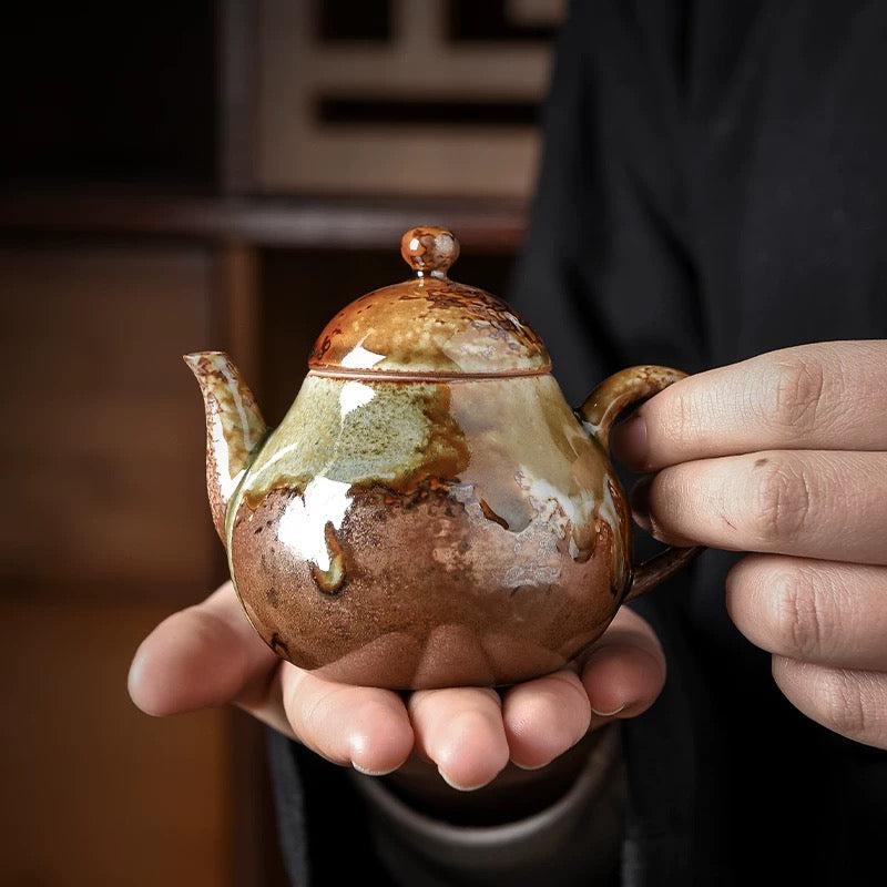 Handmade Wood-Fired Ceramic Teapot – Retro Wabi-Sabi "Dragon Egg" Small Teapot with Filter (Japanese Rustic Style, Kiln-Transformed Glaze)