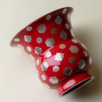 Luxury Gold & Silver Inlaid Multicolor Gem Floral Jian Shui – Premium Ceramic Chinese Red Water Jar (Tea Residue/Waste Water Holder)