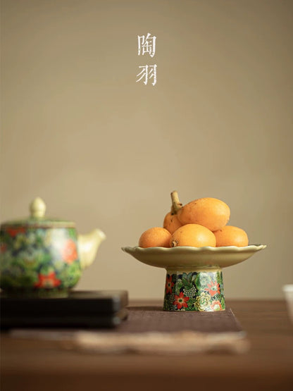 Song Dynasty-Inspired Ru Ware Floral Pedestal Tray－ Celadon Footed Serving Platter for Fruits/Desserts/Tea Ceremony