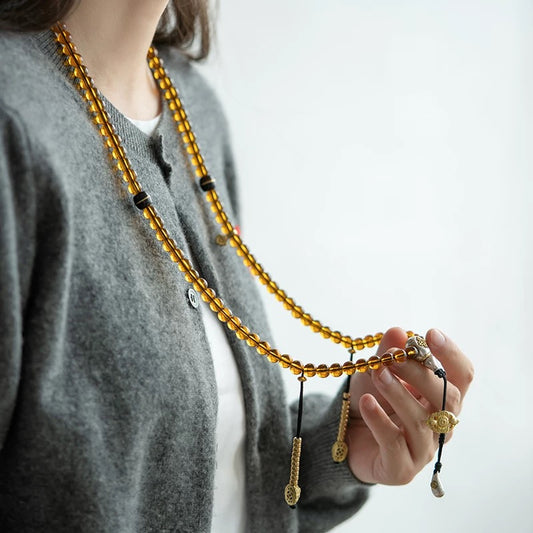 Merit-Increasing Mala - 108-Count Amber-Colored Cloisonné Enamel Beads with Brass Accents