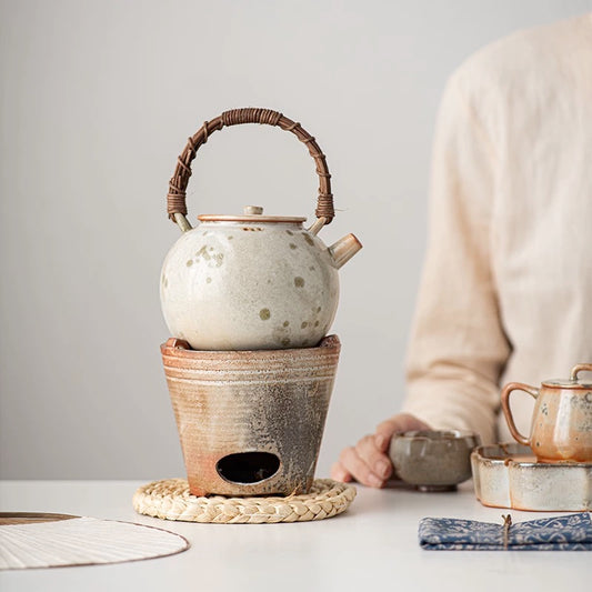 Sumi-Ember Tea Brewing Set" - Wood-Fired Side-Handle Teapot with Kiln-Transformed Wabi-Sabi Glaze & Retro Charcoal Stove (Large Capacity Ceramic Set)