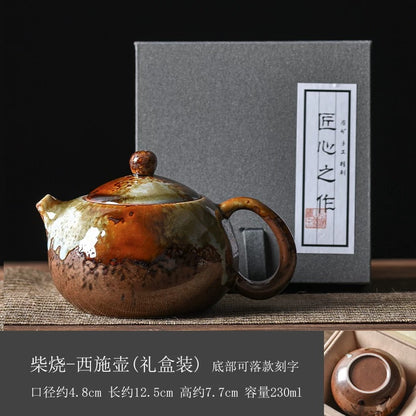 Handmade Wood-Fired Ceramic Teapot – Retro Wabi-Sabi "Dragon Egg" Small Teapot with Filter (Japanese Rustic Style, Kiln-Transformed Glaze)