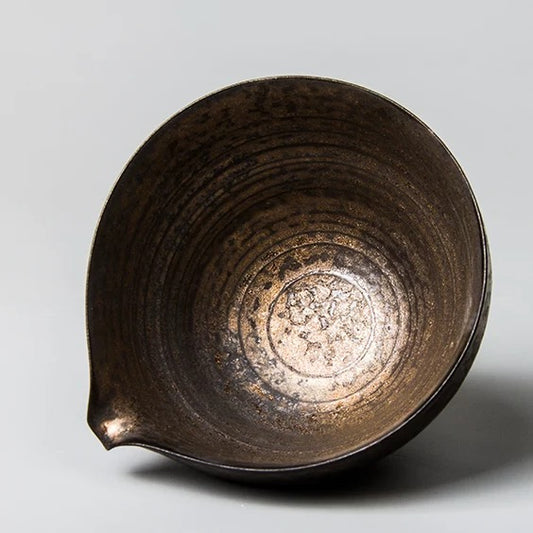 Handmade Coarse Clay Fairness Cup - Gold-Gilded Ceramic Tea Pitcher, Japanese Minimalist Gongfu Tea Set with Nurturing Patina