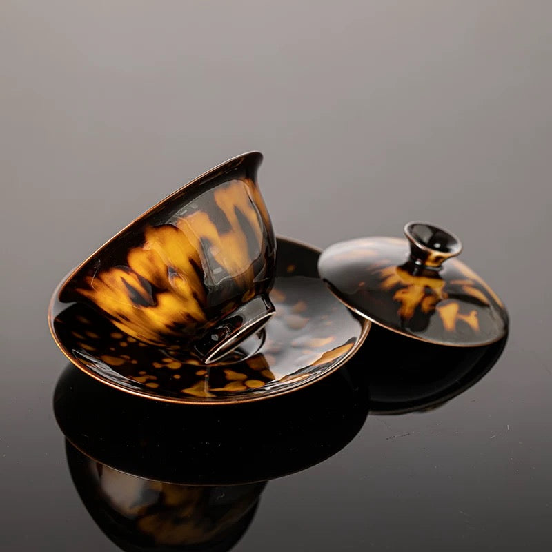 Premium Glazed Gaiwan Set – Vintage Tortoise-Shell Ceramic with Cool-Touch Design (Luxury Gongfu Tea Gift)