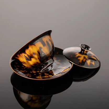 Premium Glazed Gaiwan Set – Vintage Tortoise-Shell Ceramic with Cool-Touch Design (Luxury Gongfu Tea Gift)