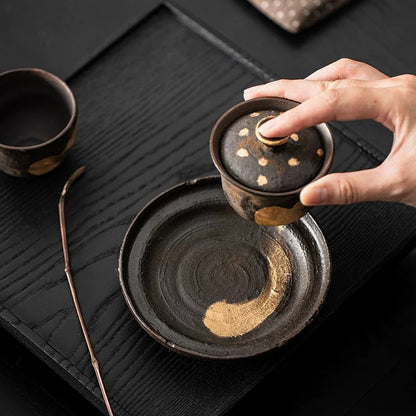 Golden Glaze Wood-Fired "Sancai" Tea Bowl - Handheld Retro Style Japanese-inspired Single Tea Set for Home Brewing & Gongfu Tea Ceremony