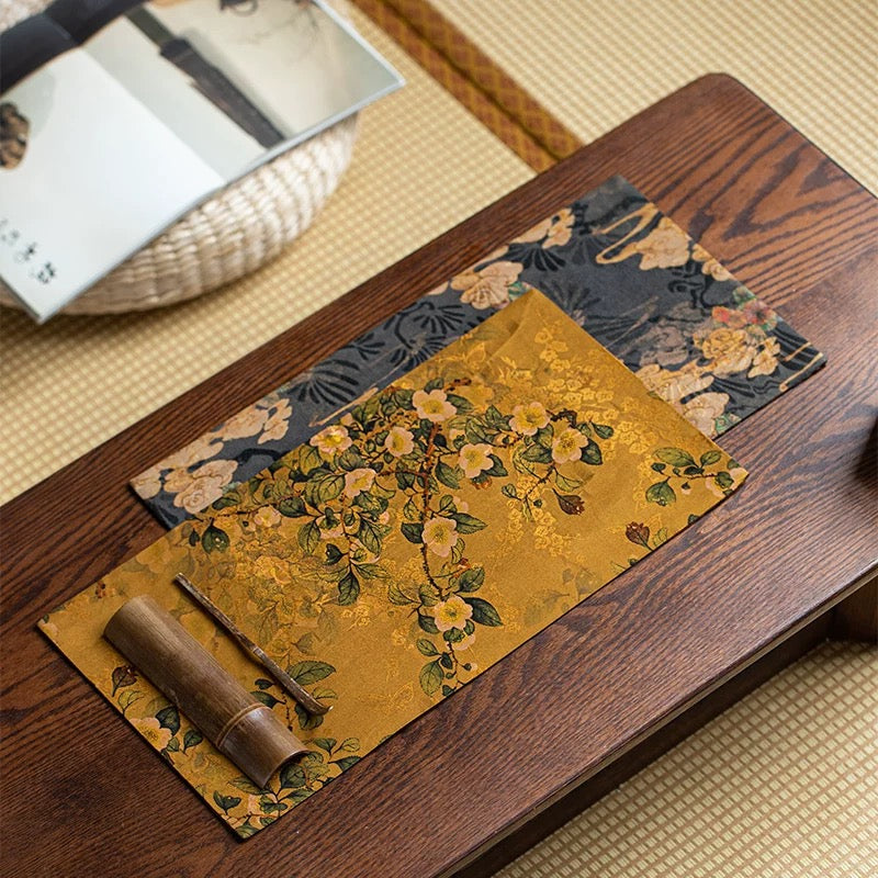 Gambiered Canton Silk Dry Tea Ceremony Mat – Chinese Zen-style Waterproof Table Runner (Antique-Inspired Tea Table Decor)
