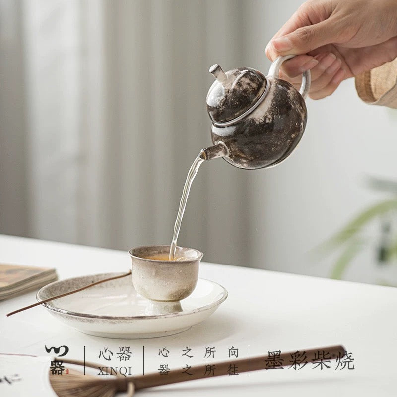 Ink Bliss" Wood-Fired Ceramic Teapot – Rustic Kiln-Transformed Teapot for Solo Brewing (Wabi-Sabi Style Gongfu Tea Set)