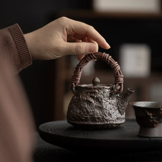 Handmade Wood-Fired Tea Kettle with Rattan Handle - Home Use Gongfu Teapot for Single Serving Brewing (Most balanced version - highlights both craftsmanship and functionality)
