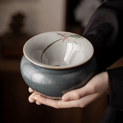 Retro Hand-Painted Tea Waste Jar - Large Covered Wastewater Vessel for Tea Ceremony (Multi-Function as Brush Washer & Cup Rinse)