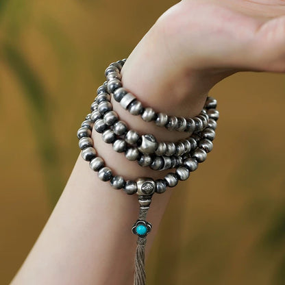 Sterling Silver 108-Bead Mala - Handcrafted 925 Silver Buddhist Prayer Bracelet with Antique Finish
