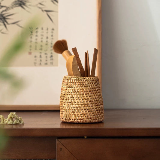 Bamboo 'Six Gentlemen' Tea Ceremony Set - Includes Teapot Brush, Tea Scoop, Pick, Funnel, Tongs & Storage Tube with Rattan Mat