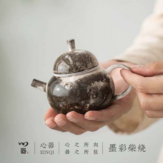 Ink Bliss" Wood-Fired Ceramic Teapot – Rustic Kiln-Transformed Teapot for Solo Brewing (Wabi-Sabi Style Gongfu Tea Set)