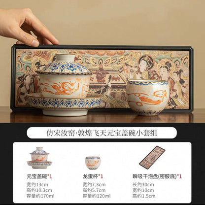 Ru Kiln 'Dunhuang Feitian' Treasure Tea Set**  
— Celadon Lidded Bowl (Sancai Style) with Teapot & Cup – Antique-Inspired Gongfu Tea Ceremony Collection