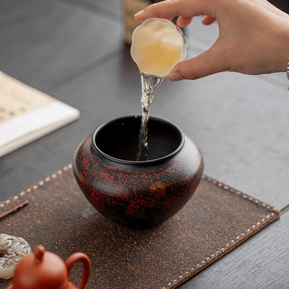 Antique Iron Lacquer Tea Waste Vessel— Multi-Functional Tea Debris Jar with Waste Water Lid (Traditional Dry/Wet Tea Ceremony Essential)