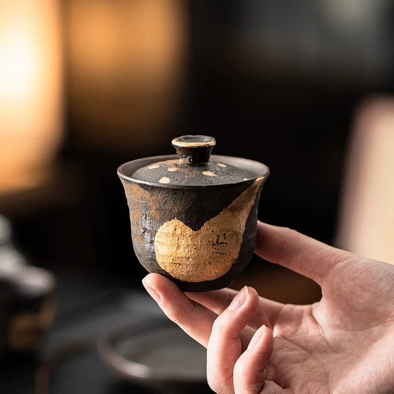 Golden Glaze Wood-Fired "Sancai" Tea Bowl - Handheld Retro Style Japanese-inspired Single Tea Set for Home Brewing & Gongfu Tea Ceremony