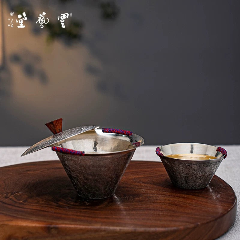999 Pure Silver Handmade Tea Set - One-Piece Hammered Silver Gaiwan with Bamboo-Hat Cup & Lid