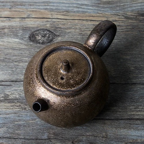 Japanese-Style Coarse Clay Teapot – Gilded Glaze Ceramic Teaware, Handcrafted Retro Kungfu Tea Set, Compact Brewing Pot (Small Teapot)