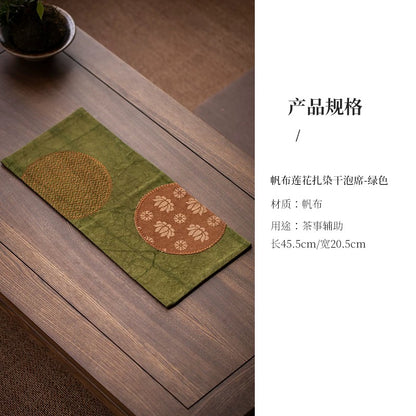 Vintage Canvas Lotus Tie-Dye Tea Mat – Dry Brewing Ceremony Tablecloth with Absorbent Pad (Gongfu Tea Accessory Set)