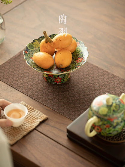 Song Dynasty-Inspired Ru Ware Floral Pedestal Tray－ Celadon Footed Serving Platter for Fruits/Desserts/Tea Ceremony