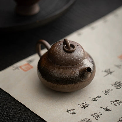 Handmade Wood-Fired Mini Teapot - Zen-Inspired Gongfu Tea Set with Rustic Stoneware 'Xishi' Pot for Solo Tea Sessions
