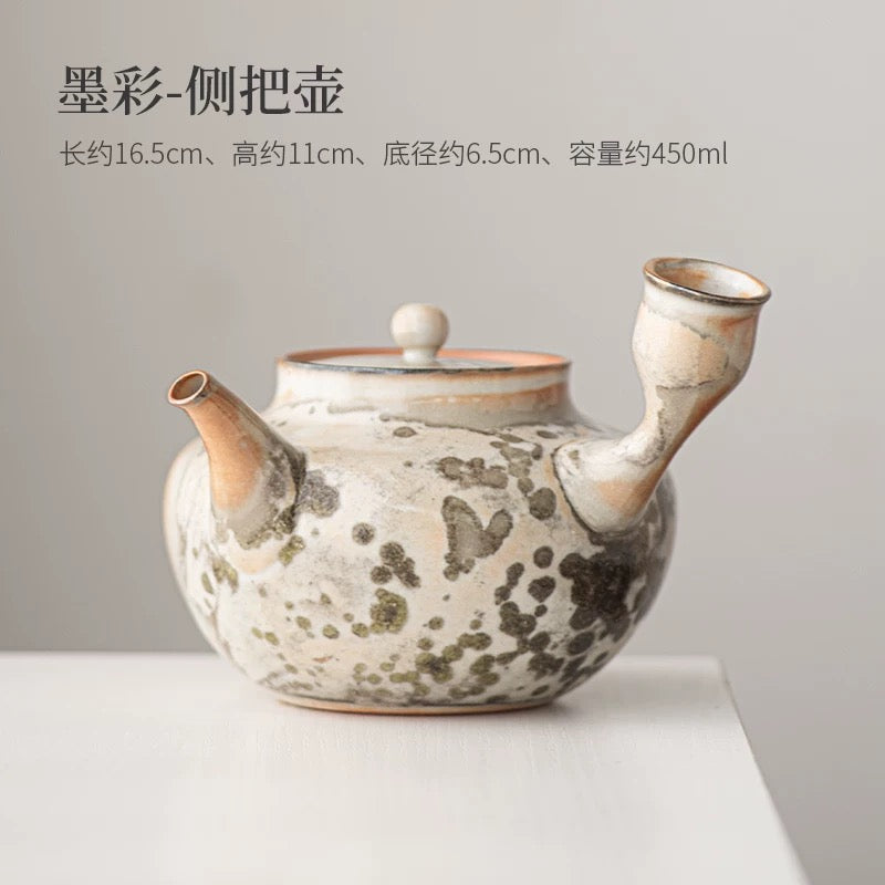Sumi-Ember Tea Brewing Set" - Wood-Fired Side-Handle Teapot with Kiln-Transformed Wabi-Sabi Glaze & Retro Charcoal Stove (Large Capacity Ceramic Set)