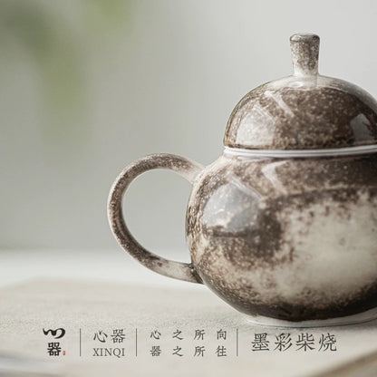 Ink Bliss" Wood-Fired Ceramic Teapot – Rustic Kiln-Transformed Teapot for Solo Brewing (Wabi-Sabi Style Gongfu Tea Set)