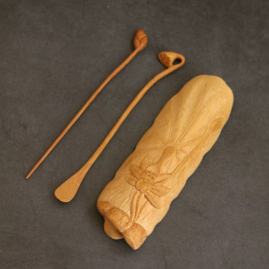 Premium Carved Bamboo Tea Tools – 3-Piece Lotus Leaf Set with Tea Scoop & Picker