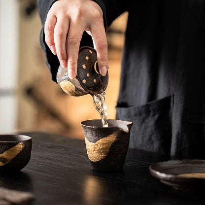 Golden Glaze Wood-Fired "Sancai" Tea Bowl - Handheld Retro Style Japanese-inspired Single Tea Set for Home Brewing & Gongfu Tea Ceremony