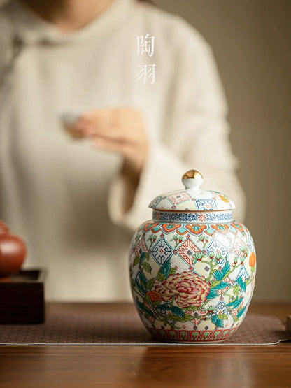 Peony Enamel Ceramic Tea Caddy
－ Vintage-Inspired Porcelain Storage Jar (Air-Tight Premium Tea Canister)