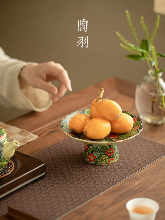 Song Dynasty-Inspired Ru Ware Floral Pedestal Tray－ Celadon Footed Serving Platter for Fruits/Desserts/Tea Ceremony