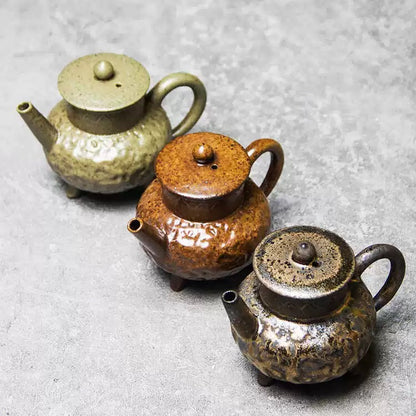 Handmade Wood-Fired Teapot – Tripod Retro Brewing Pot, Coarse Ash-Glazed Ceramic Kungfu Tea Set, Gilded Chinese-Style Small Teapot (Ideal for Pu-erh Tea)
