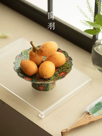 Song Dynasty-Inspired Ru Ware Floral Pedestal Tray－ Celadon Footed Serving Platter for Fruits/Desserts/Tea Ceremony