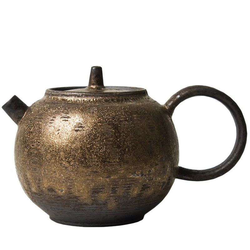 Japanese-Style Coarse Clay Teapot – Gilded Glaze Ceramic Teaware, Handcrafted Retro Kungfu Tea Set, Compact Brewing Pot (Small Teapot)