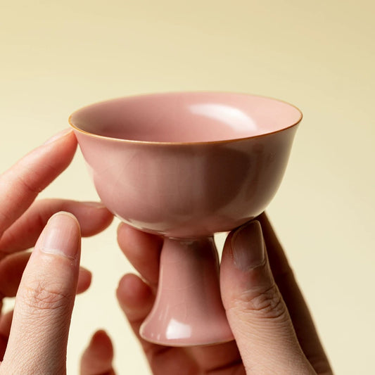 Song Dynasty Style Pink Ruyao Tea Cup – Crackle-Glazed Stemmed Master Cup for Women