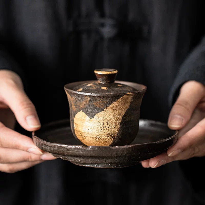 Golden Glaze Wood-Fired "Sancai" Tea Bowl - Handheld Retro Style Japanese-inspired Single Tea Set for Home Brewing & Gongfu Tea Ceremony