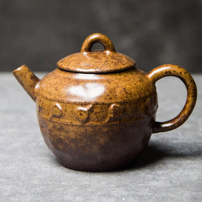 Handmade Retro Ceramic Teapot – Wood-Fired Kungfu Tea Set with Gilded Glaze, Japanese-Style Coarse Clay Small Teapot with Filter, Home Brewing Pot