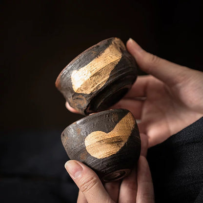 Golden Glaze Wood-Fired "Sancai" Tea Bowl - Handheld Retro Style Japanese-inspired Single Tea Set for Home Brewing & Gongfu Tea Ceremony