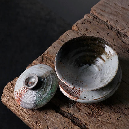 One-of-a-Kind Handmade Jingdezhen Wood-Fired Shino Glaze Lidded Tea Bowl – Japanese Wabi-Sabi Style 'Sancai' Tea Cup, Develops Natural Crackle Over Time