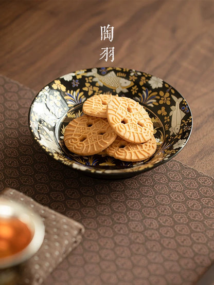 Gilded Silver-Filigree 'Fish & Waterweed' Tea Tray－ Silver-Inlaid Ceramic Tea Boat (Dry Brewing Platform)