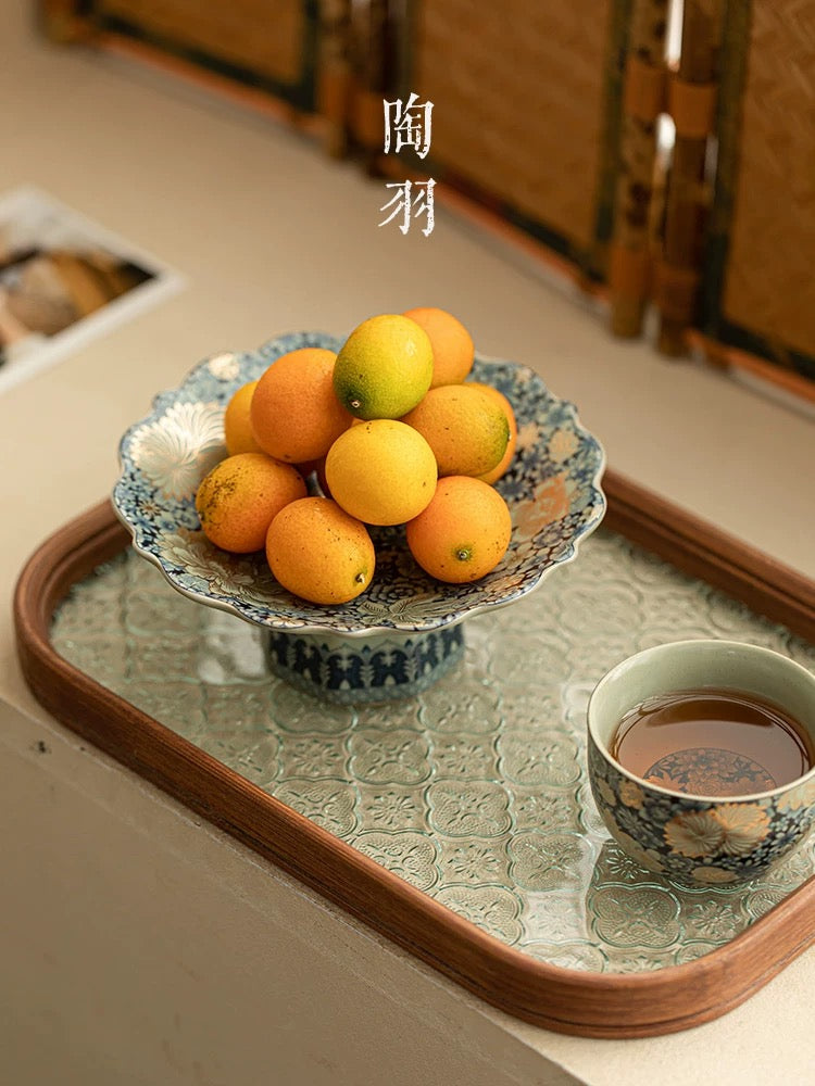 Ru Kiln Blossom Collection－ Celadon-Hued Ceramic Pedestal Plates (Floral-Engraved Altar Dessert Stands)