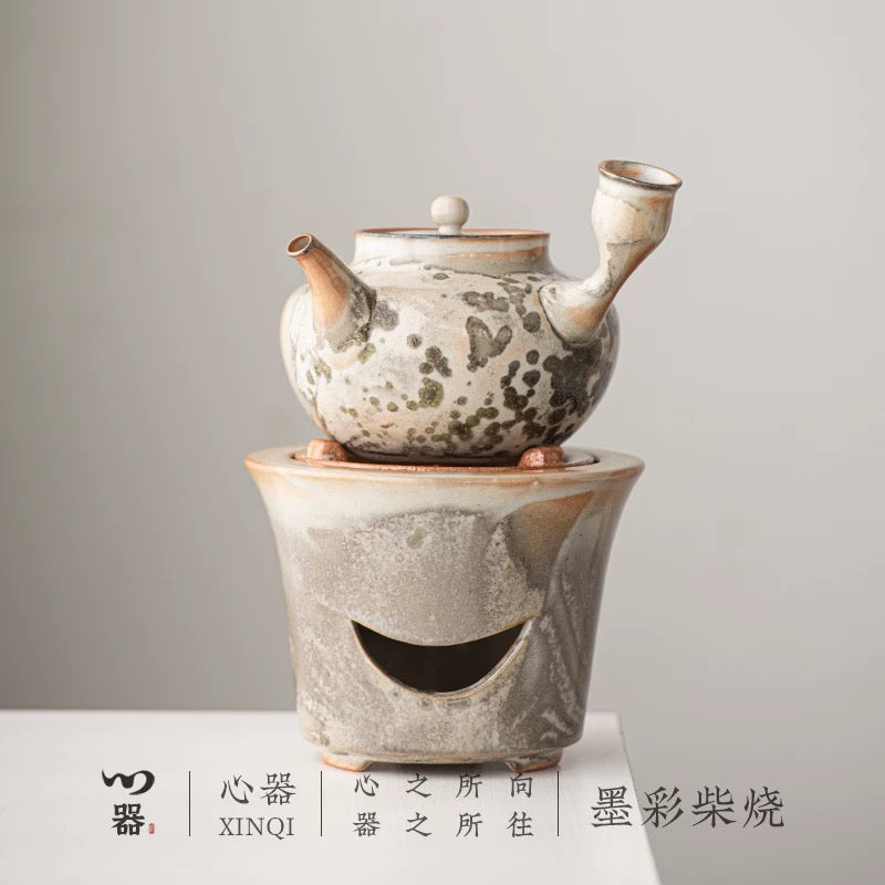 Sumi-Ember Tea Brewing Set" - Wood-Fired Side-Handle Teapot with Kiln-Transformed Wabi-Sabi Glaze & Retro Charcoal Stove (Large Capacity Ceramic Set)